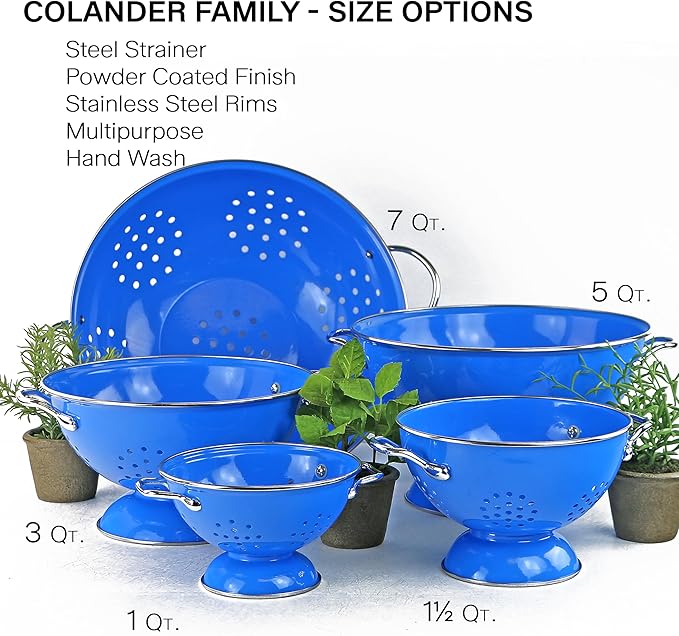 Reston Lloyd, 3 Quart Powder Coated Steel Kitchen Strainer Basket for draining Pasta, Vegetable and Fruit, Chrome Handles and Wide Stable Base, Azure