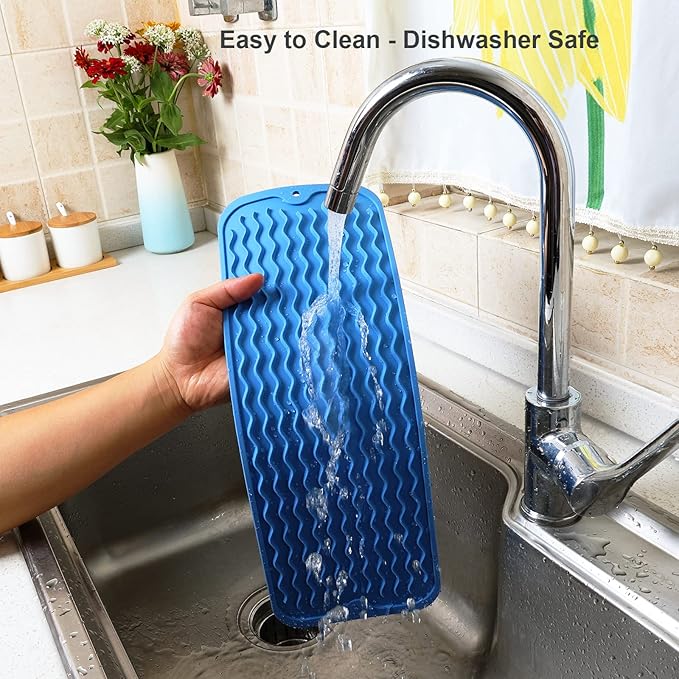 ZLR Silicone Sponge Holder & Sink Caddy Tray (6" x 17") - Narrow Dish Drying Mat for Kitchen Counter - Waterproof Soap Dispenser Organizer, Non-Slip Bathroom Vanity Tray (Lichen Blue)