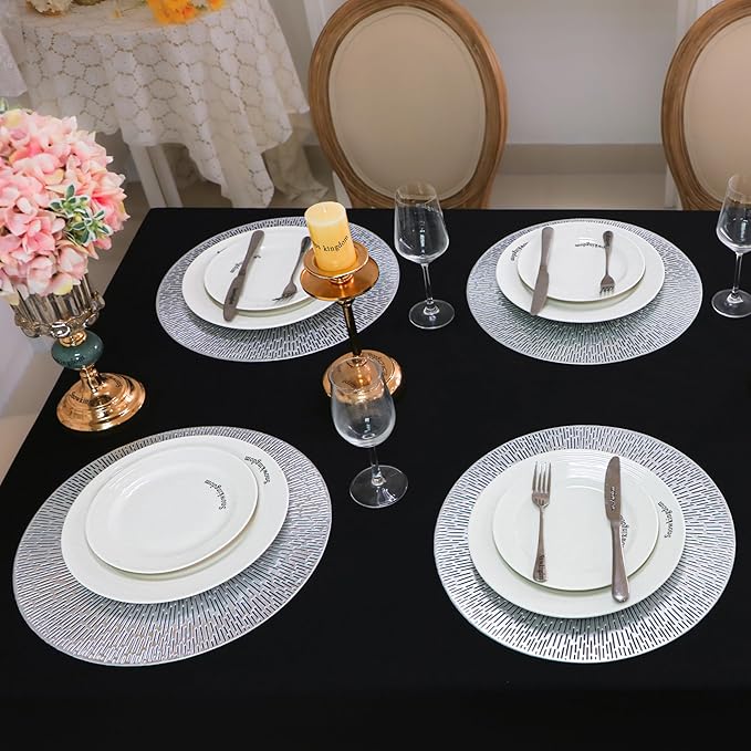 Snowkingdom Silver Placemats Set of 18, 15 Inch Round Metallic Hollow Vinyl Place Mats, Washable Wipeable Non Slip Kitchen Dining Table Mats for Christmas Thanksgiving Holiday Wedding Party Decoration