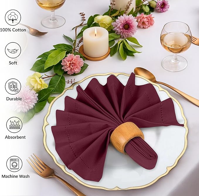 Ruvanti Cloth Napkins Set of 12, 100% Cotton High GSM 18x18 Inches, Hem Stitched Corners, Soft, Washable, Highly Durable & Absorbent, Perfect for Parties, Christmas, Thanksgiving Dinners – Burgundy