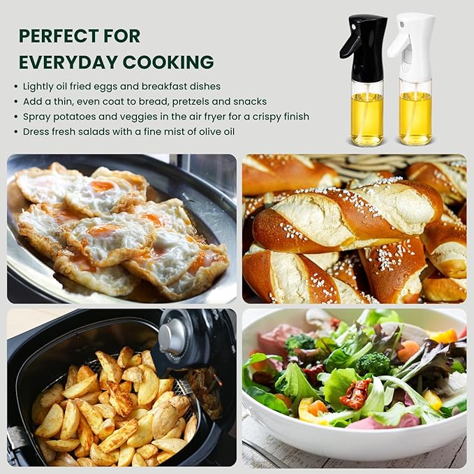 BOKKY Olive Oil Sprayer for Cooking 2 in 1, 220ml Glass Olive Oil Spray Bottle with Continuous Fine Mist, Food Grade Oil Sprayer for Air Fryer, Salad, BBQ, Baking, Frying (Black & White / 2 Pack)