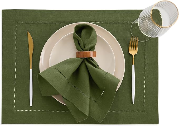 Solino Home Linen Cloth Napkins Set of 4-100% Pure Linen Olive Dinner Napkins 20 x 20 Inch - Classic Hemstitch, Handcrafted and Machine Washable