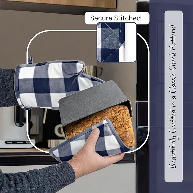 Native Fab Buffalo Plaid Check Oven Mitts and Pot Holders Set of 4, 100% Cotton Heat Resistant Kitchen Gloves, 2 Oven Mitts (7x13), 2 Pot Holders (8x8) for Cooking & Baking, Navy White