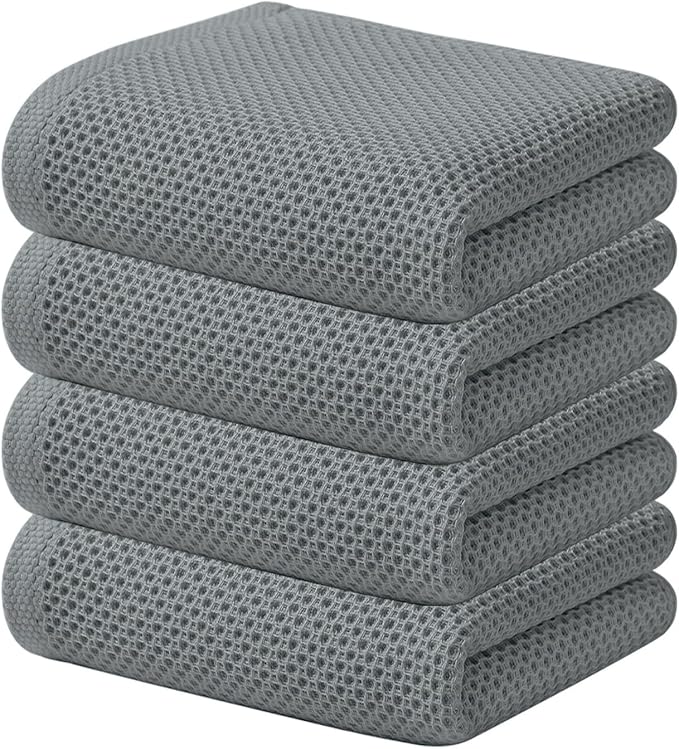 Kitinjoy 100% Cotton Waffle Weave Kitchen Towels (13 X 28 Inches, Grey), 4-Pack Super Soft and Absorbent Dish Towel for Drying Dishes, Kitchen Hand Towels