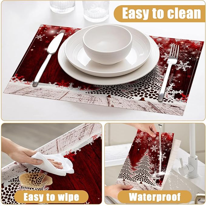 Christmas Tree Placemats Set of 6, Winter Snowflakes Linen Place Mat Washable Stain Resistant Table Mats for Farmhouse Kitchen Dining Party Wedding Decor 12x18 Inch