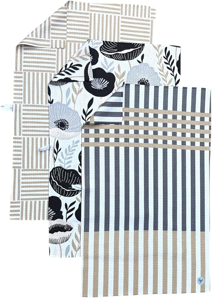 || 3 Pack Double Sided || Kitchen Towels || Dish Towels || Highly Absorbent || Hanging Loop || Dish Cloths || Modern || Designer Prints (Tan/Gray)