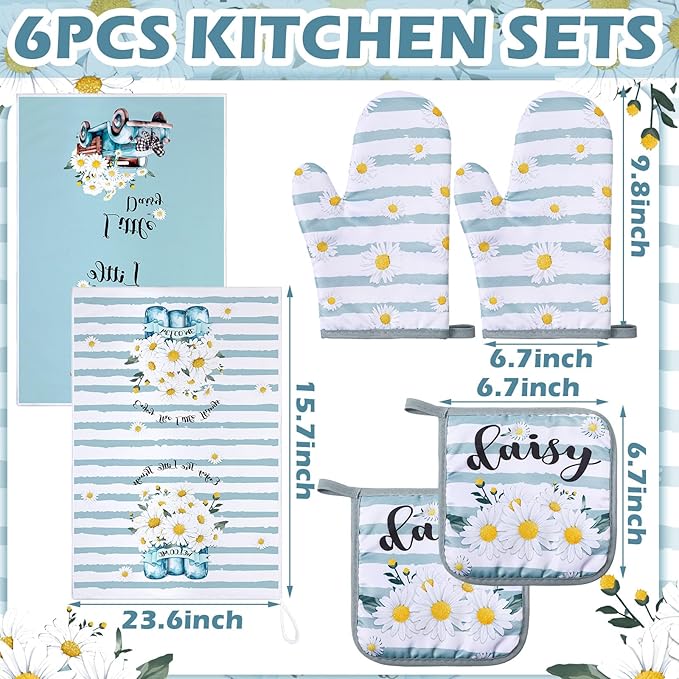 Bencailor 6 Pcs Daisy Kitchen Decor Blue Towels Daisy Pot Holders and Oven Mitts Sets for Farmhouse Kitchen Decor Summer Flower Home Decoration Housewrming Gifts
