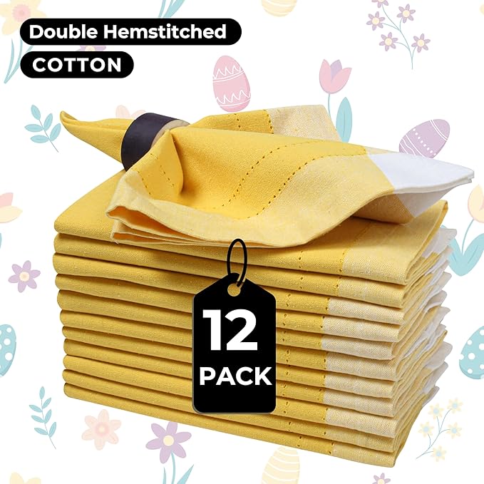 Bedding Craft Cotton Cloth Napkins Set of 12 – 20x20 Yellow Multi Double Hemstitched – Machine Washable Fabric Dinner Napkins for Weddings, Parties & Table Settings