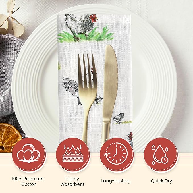 Vintage Vista Cotton Cloth Napkins Set of 4 (17" x 17") - Digital Printed Table Napkins Cloth Washable & Reusable for Everyday Use & Easter - (Green Chicken)