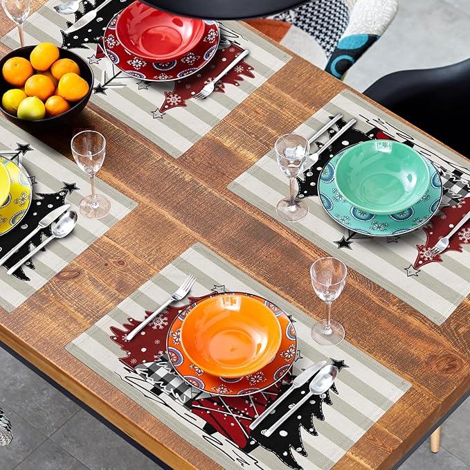 Xmas Tree Placemats Set of 4 Red Black Buffalo Plaid Pine Tree Non-Slip Washable Place Mats Stripe Decoration Table Mats 12 x 18 Inch for Winter Tabletop Holiday Party