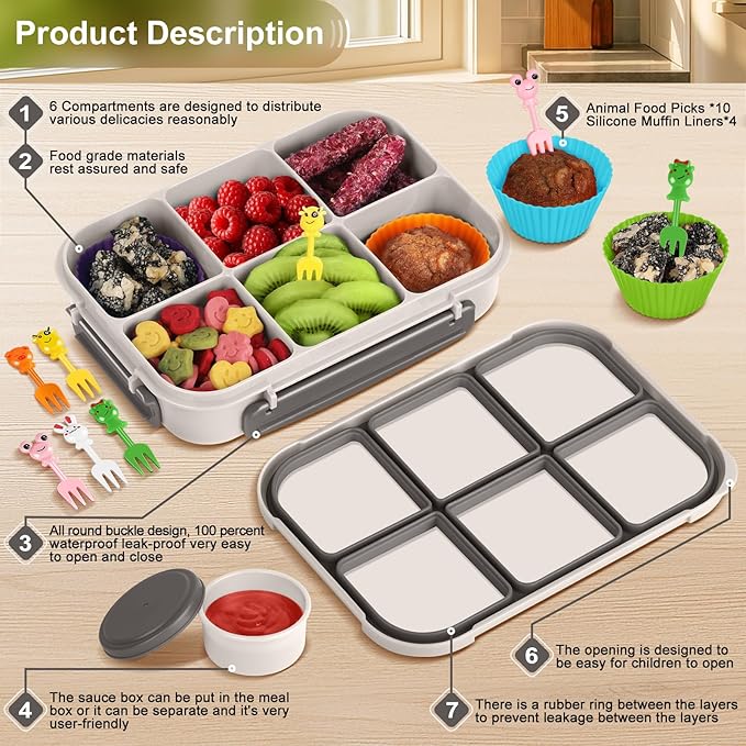Amathley Lunch Box Kids Girls Boys,Bento Box Adult,Toddler Lunch Containers for School,Leakproof Snack Containers with 6 Compartments,Sauce Container,10 Food Picks and 4 Muffin Cups (White)