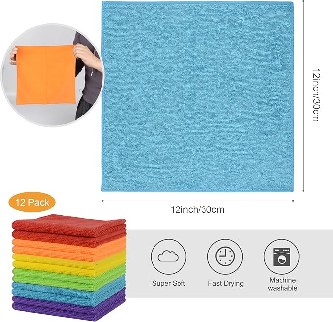 SINLAND Microfiber Rag Absorbent Cleaning Cloth Kitchen Dish Cloth Quick Dry Streak Free Dish Rags Glass Cloths 12inchx12inch 12 Pack