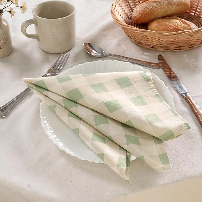 Cloth Napkins Set of 12, 100% Cotton Reusable Gingham Printed Dinner Napkins, 18x18 Inch Washable Table & Kitchen Napkins for Home, Dining, Entertaining – Sage Green & Ivory