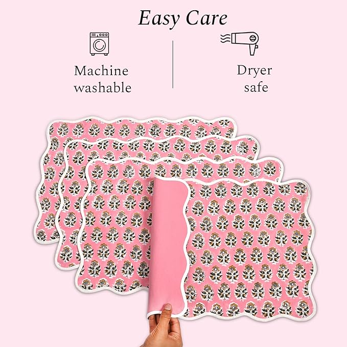 CPC Cotton Placemats Poopy Pink Set of 4-Hand Block Printed Reversible Placemats, Flower Scalloped & Embroidered Cloth Table Mats - 14 x 20 inch Gift for Spring, Mother's Day