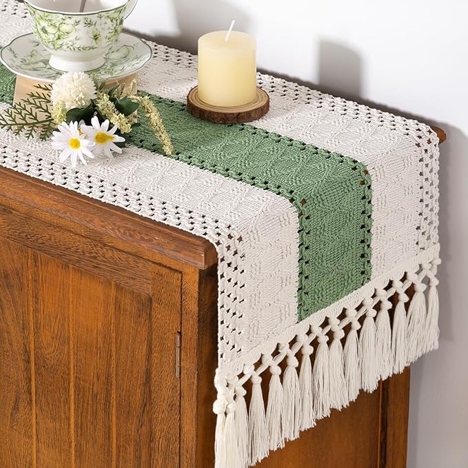Socomi Boho Table Runner Easter Spring Farmhouse Rustic Dining Kitchen Small Macrame Woven Cotton Linen Coffee Table Runner for Dresser Scarf Home Decor 12x36 inch Sage Green Ivory