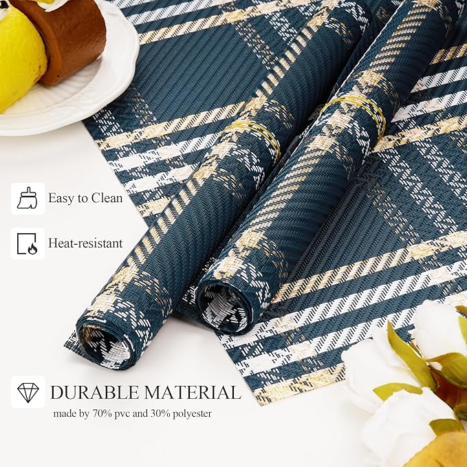 Placemats Set of 6, Washable Vinyl Place Mats Heat Resistant PVC Weave Table Mats for Dining Table Decoration Indoor/Outdoor Non-Slip Easy to Clean (Blue)