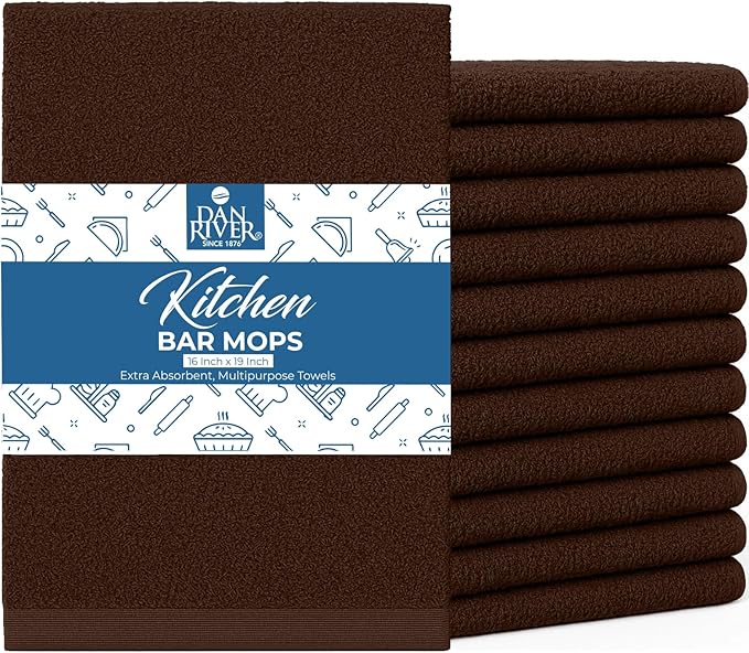 DAN RIVER Kitchen Bar Mops,Pack of 12,16 by 19 Inches,100% Cotton Super Absorbent,Multi-Purpose Cleaning Towels for Home and Kitchen Bars-Brown