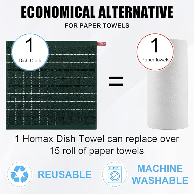 Homaxy 100% Cotton Terry Kitchen Dish Cloths, Ultra Soft and Absorbent Dish Towels for Kitchen, Suitable for Drying and Washing Dishes, 6 Pack, 12 x 12 Inches, Blackish Green