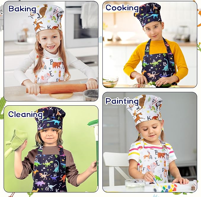 GROBRO7 4Pcs Kids Apron and Chef Hat Set Gift for Girls Boys, Animal Alphabet Word Adjustable Kitchen Beginner Toddler Aprons with 2 Pockets Waterproof Smocks for Baking Cooking Painting Crafting