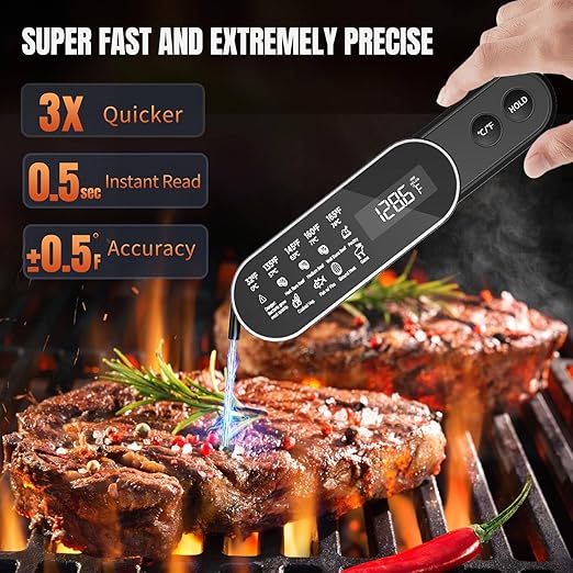 3X Faster 0.5s Instant Read Meat Thermometer, 2025 Rechargeable ±0.5℉ NIST Certified Wireless Food Thermometer, Waterproof, Auto Wake/Sleep, Rotation Display & Temp Lock for BBQ, Candy, Grill