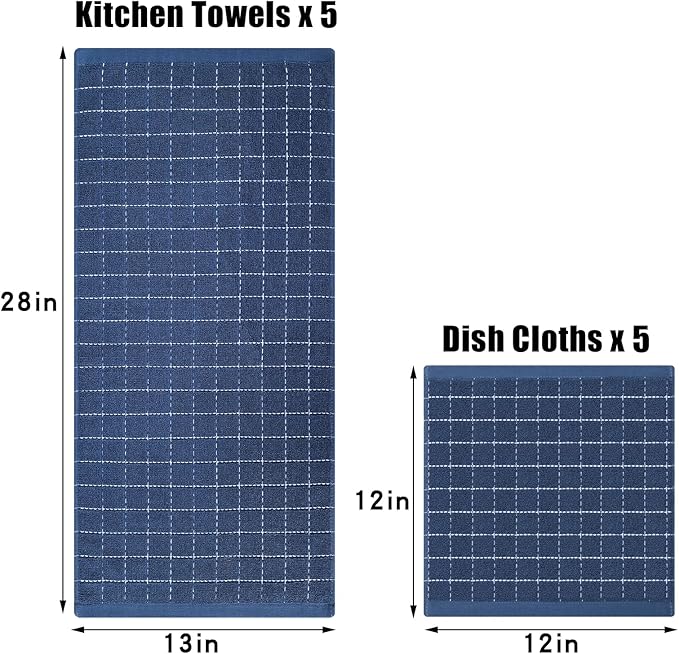 Homaxy Kitchen Towels and Dishcloths Set, 12 x 12 and 13 x 28 Inches, Set of 10 Bulk Cotton Terry Kitchen Towels Set, Checkered Designed, Soft and Super Absorbent Dish Towels, Navy Blue