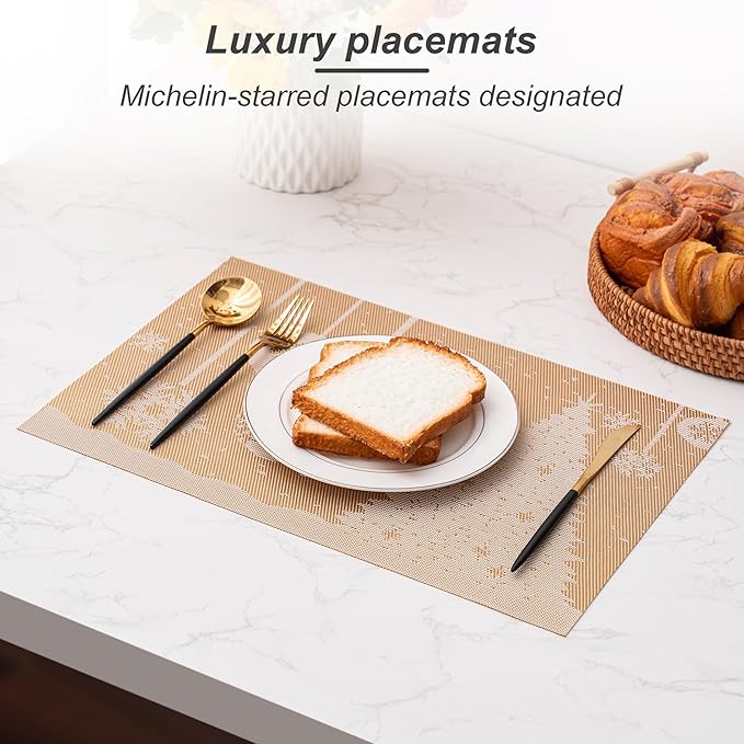 CADONO Placemats Set of 6 Washable Indoor/Outdoor Vinyl Place Mats for Dining Table Durable Non-Slip Heat Resistant PVC Weave Table Mats（Christmas Tree-Gold）