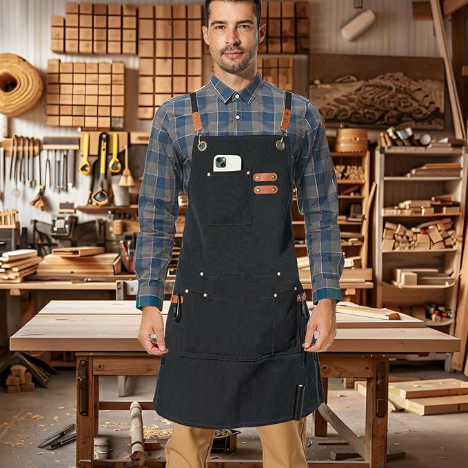 Canvas Work Apron,Cross Back Aprons for Men,Women,Cooking,Carpenter,Woodworking,Chef,BBQ,Grilling,Bartender