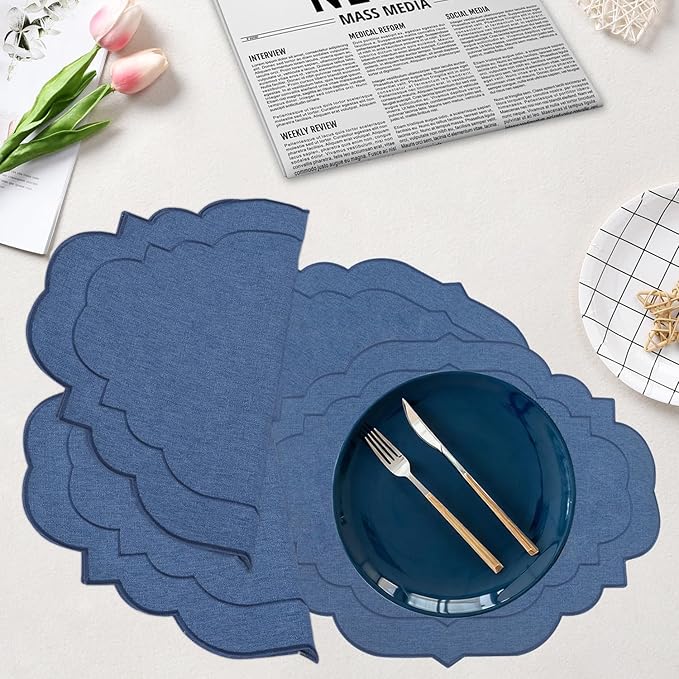 Cotton Linen Oval Placemats Set of 4, HADEEONG Table Mats Cloth Placemats, Washable Wrinkle Resistance, Scalloped & Embroidered Fabric Placemats, 17.71 x 13.77 inch (Navy Blue, 4)