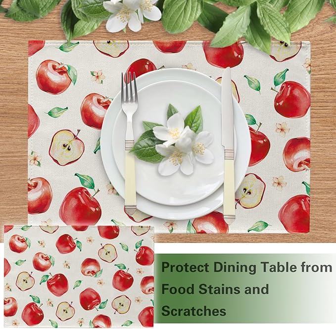 Watercolor Apple Placemats Set of 4, Spring Summer Sweet Fruit Dining Table Place Mats, Farmhouse Kitchen Decor Home Decoration 12 x 18 Inches