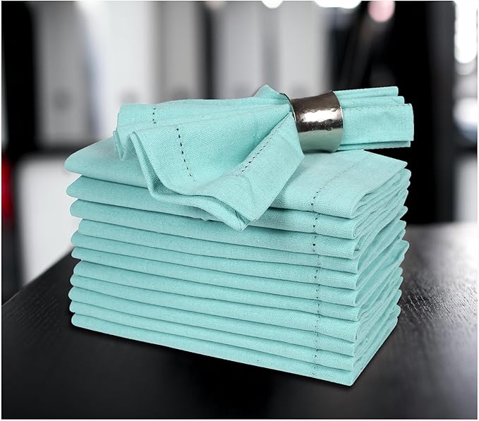 Bedding Craft Cotton Cloth Dinner Napkins Set of 12 – 18x18 Aqua with Hemstitched Mitered Corners – Reusable Machine Washable Napkins for Weddings, Parties & Table Decorations