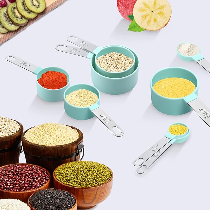 Measuring Cups Set Measuring Spoons Set, Nesting Measure Cups with Stainless Steel Handle, For Measuring Dry and Liquid Ingredients Small Teaspoon with Plastic Head (Mint Green)