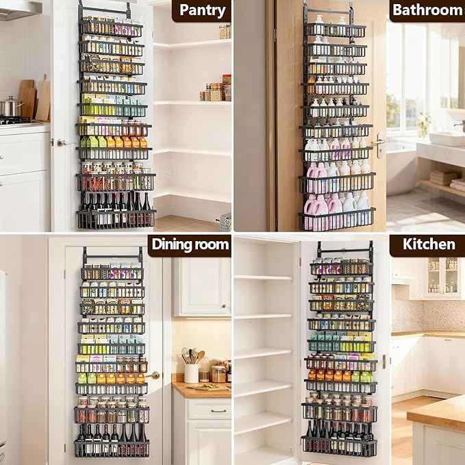 POKIPO 9 Tier Over The Door Pantry Organizer, 2 in 1 Wall Mount or Hanging Spice Rack with Adjustable Basket, Seasoning Organizer and Storage for Kitchen Cabinet Closet Bathroom