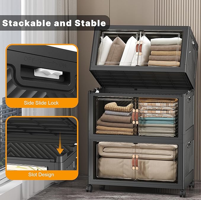 UAMFURI Stackable Storage Bins with Lids & Wheels & Door, Foldable Collapsible Closet Organizers, Extra Large Plastic Storage Drawers for Bedroom Dorm Office Garage (Dark-112QT, 3Pack with 1 top lid)