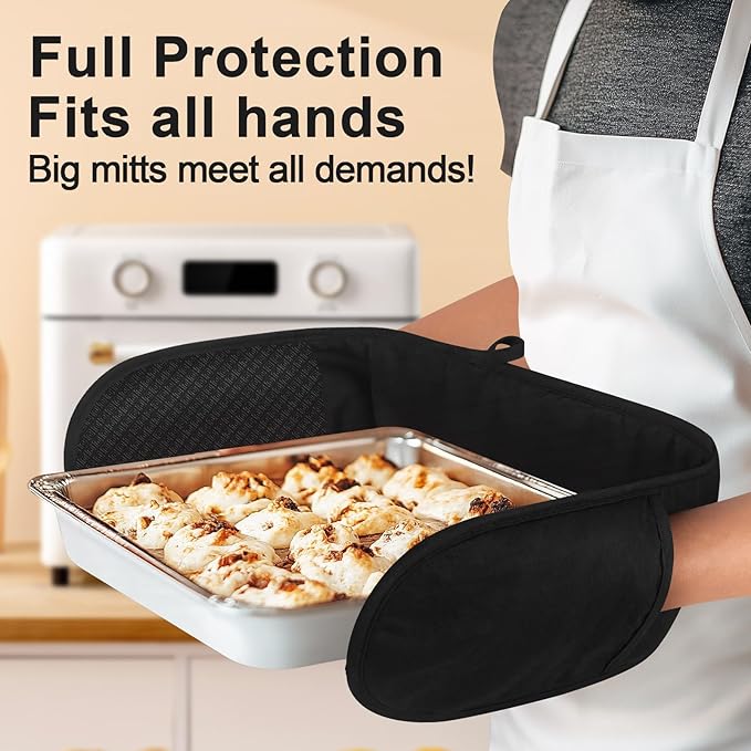 Philorn Black Double Oven Mitts，Heat Resistant 260℃ Waterproof Silicone Glove Kitchen Gloves Oven Extra Long Oven Mitts with Non-Slip Silicone Surface for Baking, Cooking, BBQ
