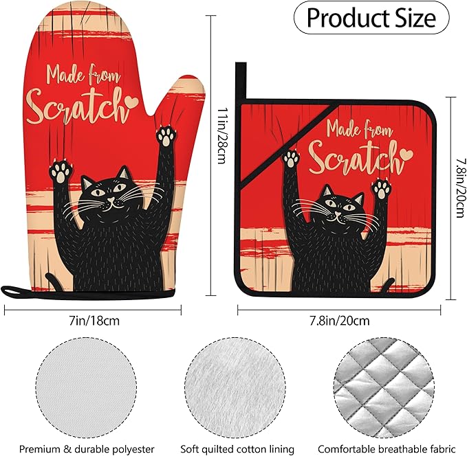 Funny Cat Oven Mitts and Pot Holders Sets Red Black Kitchen Decor Cute Cat Kitchen Accessories Funny Cat Gifts House Warming Birthday Cooking Gifts for Women (Red, Oven Mitts & Pot Holders)