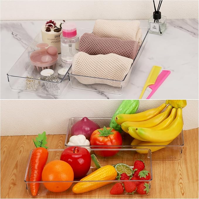 Ohlove 6Pcs Clear Plastic Drawer Organizers Tray 12" x 6.2" Storage Bins with 25Pcs Non-Slip Pads for Makeup, Jewelries, Kitchen Utensils, Bathroom and Office