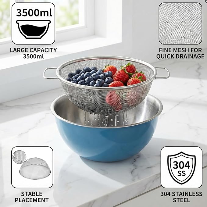 Stainless Steel Mixing Bowl and Colander Set, 3.5 Qt Rice Washer Strainer Bowl, 12"Fine Mesh Strainer with Handle for Rice, Cooked Pasta, Fruits,Versatile Kitchen Draining Set (Blue)
