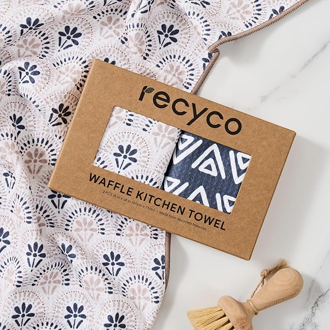 RECYCO Waffle Kitchen Towel Set of 2 - Quick Dry Microfiber Sustainable Dish Towels - Ultra Absorbent Reusable Cleaning Tea Towels - Lightweight Hand Towels,16”x 28”, Neutral Boho