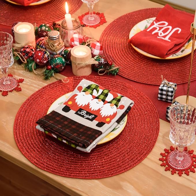 FunWheat Round Braided Placemats Set of 6 Table Mats for Dining Tables Woven Washable Non-Slip Place mats for Decoration(Shining Red, 6pcs)