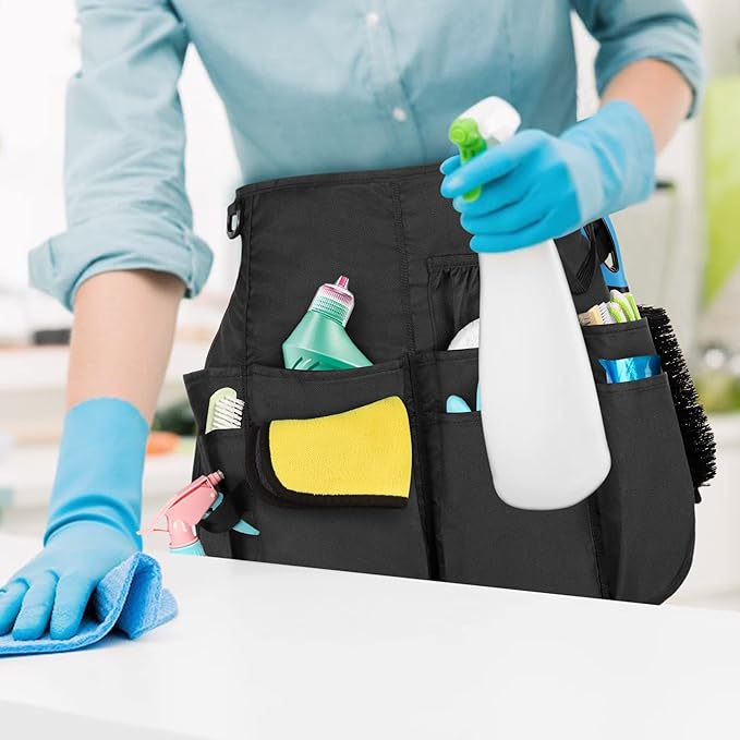 LoDrid Professional Cleaning Apron with 9 Pockets and Adjustable Waist Belt, Cleaning Caddy Aprons for Cleaning Work of House Hotel, Black