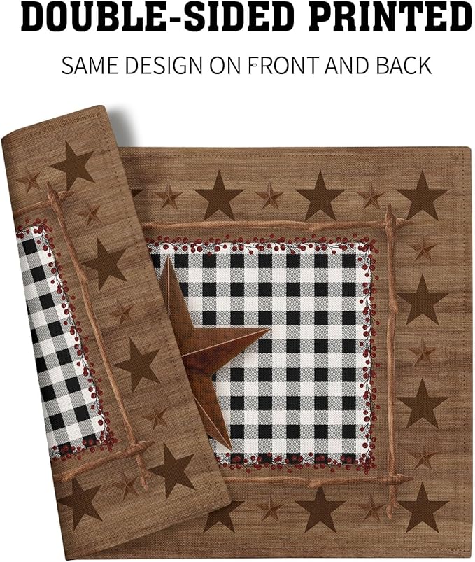 Western Texas Star Placemats for Dining Table Set of 4，Buffalo Plaid Country Wooden Plank Table Mats 18 x12 Inch Non-Slip Dining Table Place Mats for Party Kitchen Indoor Decor