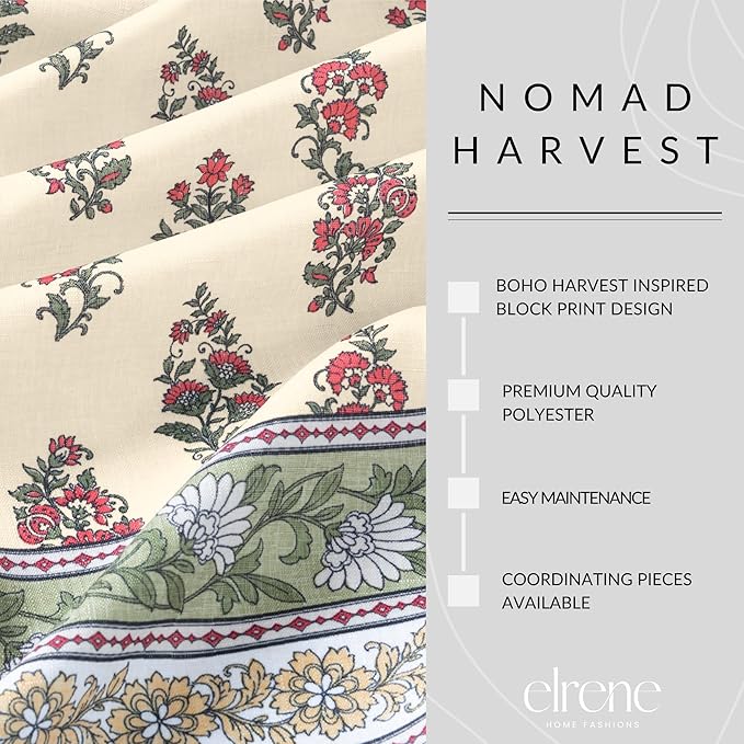 Elrene Home Fashions Nomad Harvest Block Print Fall/Thanksgiving Oval Tablecloth, 60"x84"