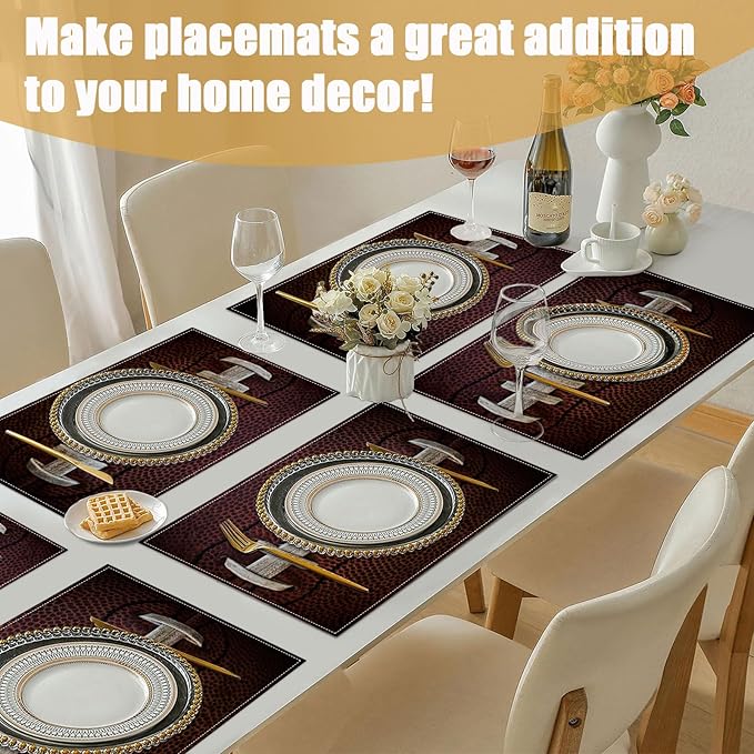 American Football Placemats Set of 6, Sport Ball Lover Linen Place Mat Washable Stain Resistant Table Mats for Farmhouse Kitchen Dining Party Wedding Decor 12x18 Inch