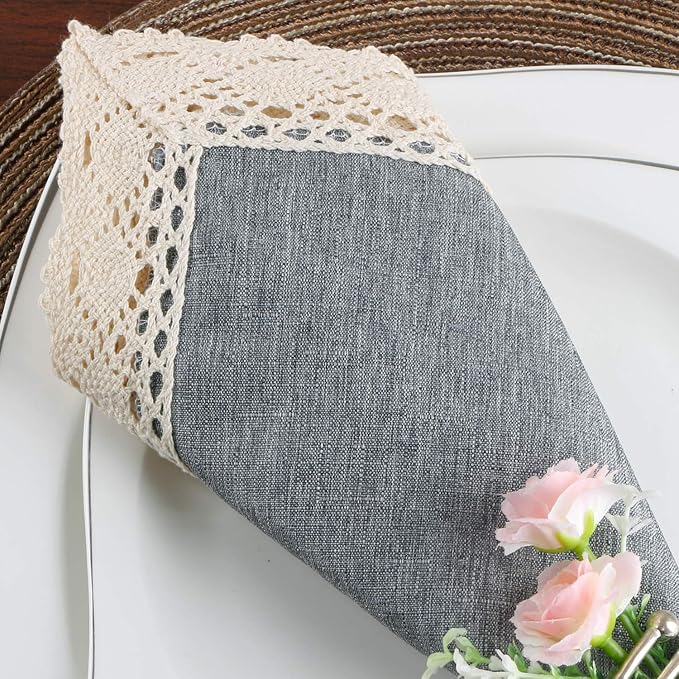 EHouseHome Dinner Cloth Napkins with Lace Trim Waterproof Spillproof Faux Linen Fabric Napkins,Set of 6, 18 x 18 Inch,Grey