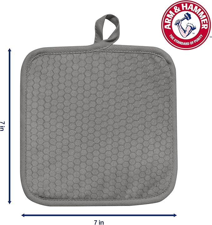 Arm & Hammer Quilted Pot Holders, Heat Resistant, Non-Slip Silicone Grip, 2 Pack, Grey