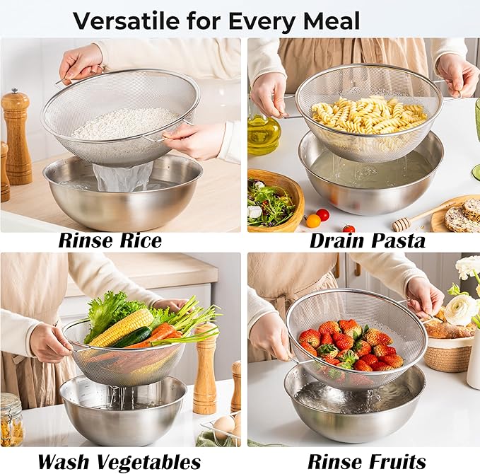 Stainless Steel Mixing Bowl and Colander Set, Multipurpose Kitchen Basket with Fine Mesh Colander, Salad Mixing Bowl with Strainer,3.5 Qt Large Capacity For Rice Fruit Vegetable (Stainless Steel)