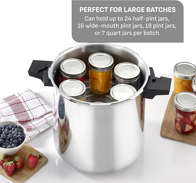 T-fal 22-Quart Aluminum Pressure Canner, 3 PSI Settings, Home Canning, Includes Racks & Canning Guide, Large Capacity, Pressure & Water Bath Canning for Vegetables, Meats, Seafood & Fruits, Silver