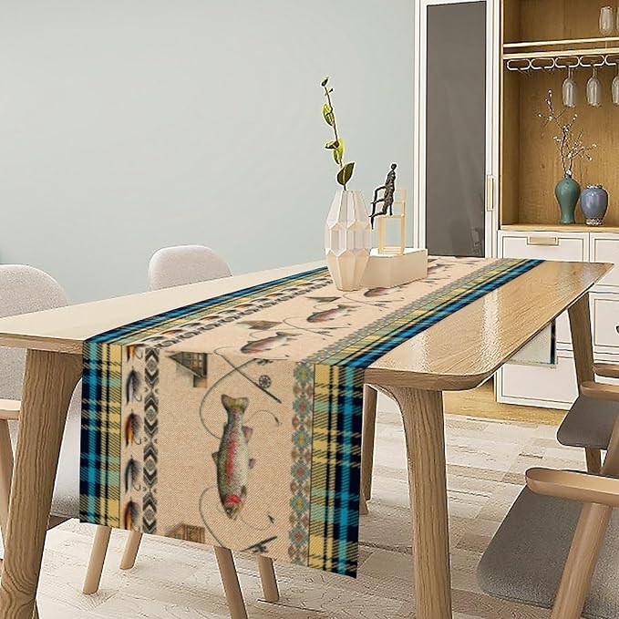 Rustic Cabin Fishing Table Runner Retro Hunting Southwestern Check Blue Art Printed Runner for Home Kitchen Dining Table Living Room Decor Fabric 1 Panel W13xL120in