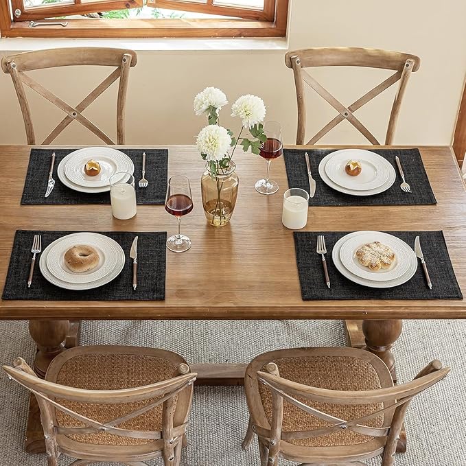 Blue Forest Placemats Set of 6, Dual-Layered Thickened Faux Linen Cloth Place Mats Heat Resistant Machine Washable Wrinkle Free Table Mats Indoor/Outdoor (Cream Beige)