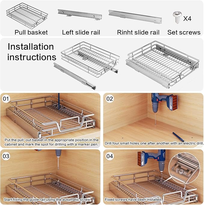 Kitchen Cabinet Pull Out Shelf and Drawer Organizer Slide Out Pantry Storaqe Basket in Multiple Sizes (14" W x 21",1 Tier)